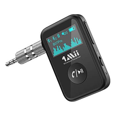 1Mii Aux Bluetooth 5.0 Adapter Auto mit OLED Bildschirm, Bluetooth Musik Empfänger Klinke für Stereoanlage/Lautsprecher, Freisprechfunktion und Lange -Akkulaufzeit von 1Mii