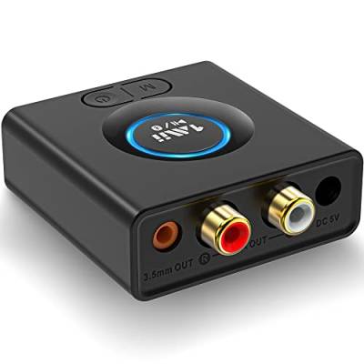 1Mii Bluetooth 5.0 Empfänger, Bluetooth Audio Adapter fürs Musik-Streaming-Sound System, drahtloser Audioadapter mit 3.5mm RCA für Lautsprecher Stereoanlage, Bass-Modus, 12 Stunden Spielzeit von 1Mii