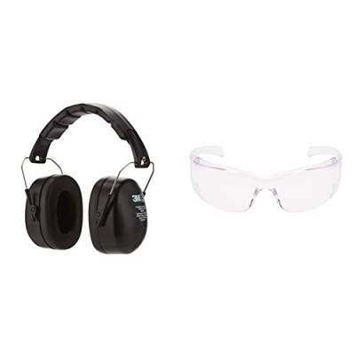 3M Kapselgehörschutz 90563E, Zusammenklappbarer Ohrenschützer, schwarz, 1 Stück & Virtua AP Schutzbrille VirtuaA0, AS, UV, PC, klar, wiegt nur 26 g von 3M