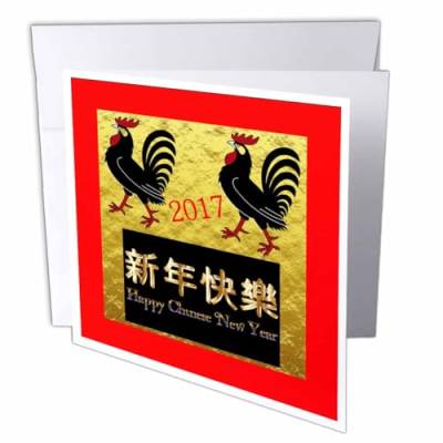 3dRose gc_252058_5 15,2 x 15,2 cm Bild des chinesischen Neujahrs in Englisch – Chinesische Hähne rot schwarz – Grußkarte von 3dRose