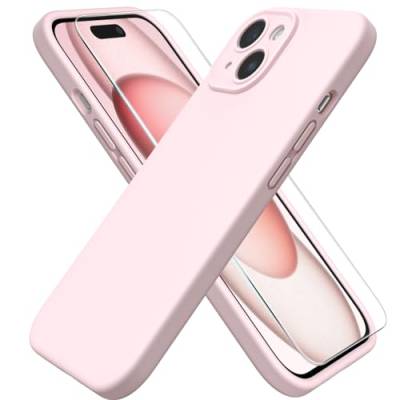 ACRONIX Hülle für iPhone 15(6.1") Liquid Silicone mit Kameraschutz und 1 Blatt Schutzfolie, Ganzkörper-Case, Stoßfeste, Anti-Kratzer Mikrofaser Handyhülle - Grau-rosa von ACRONIX