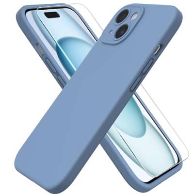 ACRONIX Hülle für iPhone 15(6.1") Liquid Silicone mit Kameraschutz und 1 Blatt Schutzfolie, Ganzkörper-Case, Stoßfeste, Anti-Kratzer Mikrofaser Handyhülle - Graublau von ACRONIX