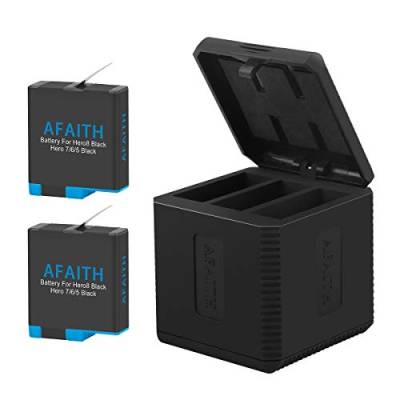 AFAITH Dreifach-Ladegerät für Gopro mit wiederaufladbarem Akku (2 Stück) Ladehülle 3-Kanal Schnellladegerät + Type C Kabel für GoPro Hero 5 Hero 6 Hero7 Hero8 Black von AFAITH