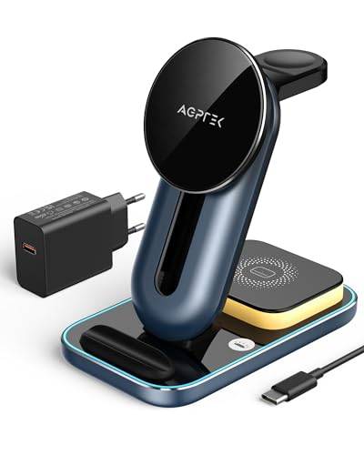 AGPTEK 4 in 1 Wireless Charger, induktive Ladestation, Kabelloses Ladegerät kompatibel mit iPhone/Samsung/Googel Pixel/Huaiwei, unterstützt für iWatch/AirPods/Galaxy Budsa, mit 18W, Schwarblau von AGPTEK