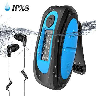 AGPTEK IPX8 Wasserdicht MP3 Player, 8GB HiFi MP3 Musik Player zum Schwimmen und Laufen, mit wasserdicht Kopfhörer, Audiokabel und 3 Paar Ohrstöpsel (L/M/S), unterstützt FM, Shuffle Funktion, Blau von AGPTEK