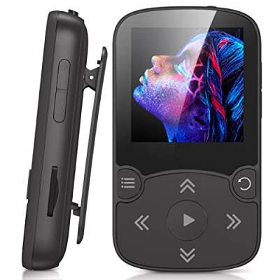 AGPTEK MP3 Player Bluetooth 5.3 Sport 32GB mit 1,5 Zoll TFT Farbbildschirm, Mini Musik Player mit Clip, Unterstützt bis 128GB TF Karte, mit Lautstärketaste, FM Radio, Schrittzähler, Schwarz von AGPTEK