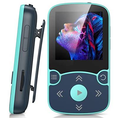 AGPTEK MP3 Player Bluetooth 5.3 Sport 32GB mit 1,5 Zoll TFT Farbbildschirm, Mini Musik mit Clip, Unterstützt bis 128GB SD Karte, mit unabhängiger Lautstärketaste, FM Radio, Schrittzähler, Blau von AGPTEK