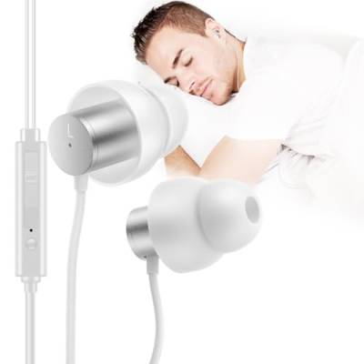 AGPTEK Schlaf Kopfhörer Ohrstöpsel, Mini In-Ear weiche Silikon-Schallisolierung Kopfhörer mit 3,5 mm Stecker, Superkomfortable Ohrstöpsel mit Mikrofon und Lautstärkeregler für Schlaf, Weiß von AGPTEK