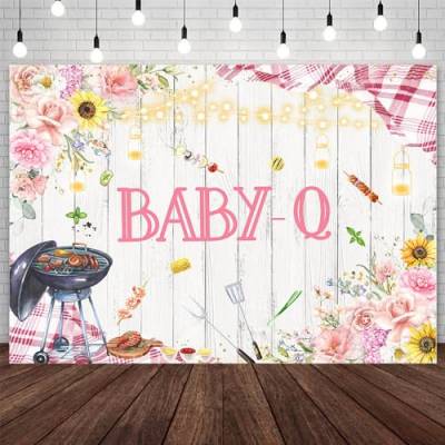 AIBIIN 2,1 x 1,5 m Grill-Babyparty-Hintergrund für Mädchen, rosa Baby-Q-Fotografie-Hintergrund, rustikales Holz, Blumen-Sonnenblumen, Grillen, Babyparty, Party, Dekoration, Banner, von AIBIIN