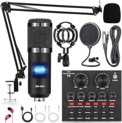 Podcast Mikrofon Bündeln, ALPOWL Audio-Interface mit All-in-One-Live-Soundkarte und BM-800-Kondensatormikrofon, perfekt für Aufnahme, Rundfunk, Live-Streaming, YouTube, TikTok (Schwarz) von ALPOWL