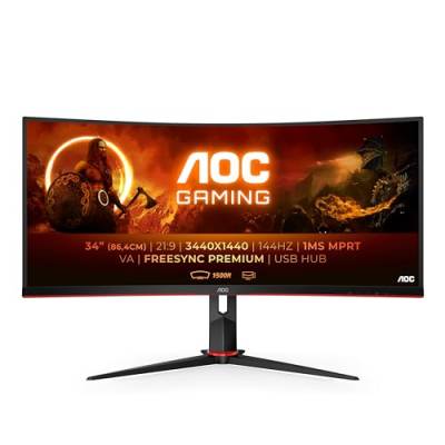 AOC Gaming CU34G2X - 34 Zoll WQHD Curved Monitor, 144 Hz, 1ms, FreeSync Premium (3440x1440, HDMI, DisplayPort, USB Hub) schwarz/rot von AOC