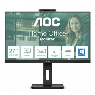 AOC Q27P3CW - 27 Zoll QHD Monitor, 2 MP Webcam, höhenverstellbar, Lautsprecher (2560x1440, 75 Hz, HDMI, DisplayPort (in/Out), USB-C (65W PD), RJ45, USB Hub) schwarz von AOC