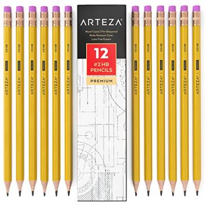 ARTEZA #2 HB Graphitstifte mit Holzummantelung, Großpackung mit 12 Stück, vorgespitzt mit latexfreien Radiergummis, für Schule, Büro, Schreiben, Zeichnen und Skizzieren von ARTEZA