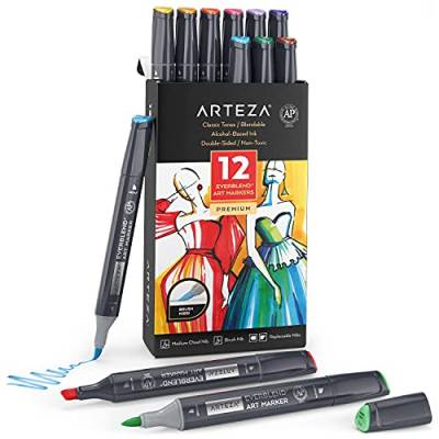 ARTEZA Everblend Ultra Graffiti Stifte, 12er Set Art Marker in Klassischen Farbtönen, Alkohol Marker mit Medium Keilspitze und Pinselspitze, Twinmarker zum Färben, Skizzieren inkl. Organizer Box von ARTEZA
