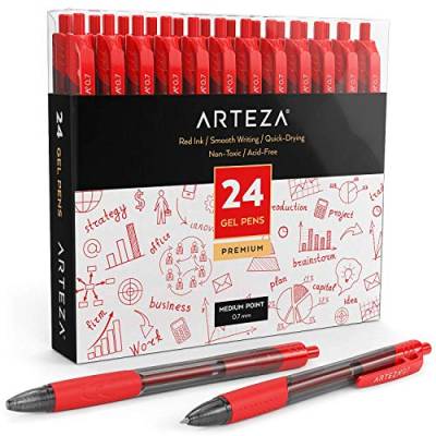 ARTEZA Gelstifte, 24 rote Kugelschreiber mit Geltinte, Druckgelschreiber mit einziehbarer 0,7 mm Stiftspitze, hochwertige Gelroller für Bürobedarf von ARTEZA