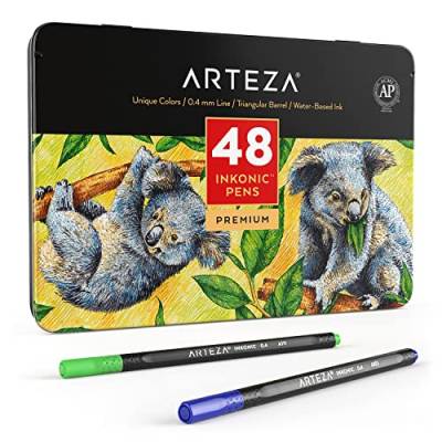 ARTEZA Inkonic Fineliner Set, 0,4mm Spitze, farbige Bullet Journal Fineliner dreikant mit ergonomischer Schaft und Farbnummern zum Ausmalen, Zeichnen und Detaillieren, 48er-Pack von ARTEZA