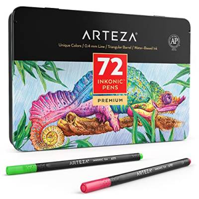 ARTEZA Inkonic Fineliner Set, 72 feine Filzstifte mit 0,4mm Spitze, farbige Bullet Journal Fineliner, dreikant, mit ergonomischer Schaft und Farbnummern zum Ausmalen, Zeichnen und Detaillieren von ARTEZA