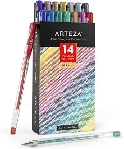 ARTEZA Metallic Gelstifte 14er-Set, bunte Gelschreiber in metallischen Farben, hochwertige Gelroller mit 0.8-1.0 mm Stiftspitze von ARTEZA