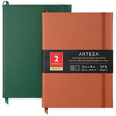 ARTEZA Notizbücher Set gepunktet, 15.2 x 20.3 cm (2er Pack Bullet Journal, Jagdgrün und Sattelbraun), Notizbuch Hardcover Set mit 96 Blatt gepunktetem Papier von ARTEZA