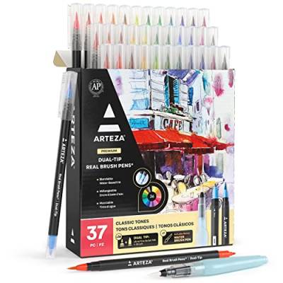 ARTEZA Pinselstifte, Brush Pen, 36 Aquarellstifte mit Doppelspitze, Leicht mischbare Tinte auf Wasserbasis, 1 Wasserpinsel, Künstlerbedarf für Illustration und Kalligraphie von ARTEZA