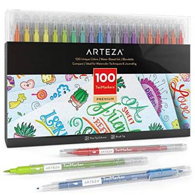 ARTEZA TwiMarker, 100 bunte Fasermaler mit Doppelspitze, feine 0.4 mm Spitze und Pinselspitze, wasserbasierte Tinte, Pinselstift und Fineliner zum Schreiben und Malen von ARTEZA