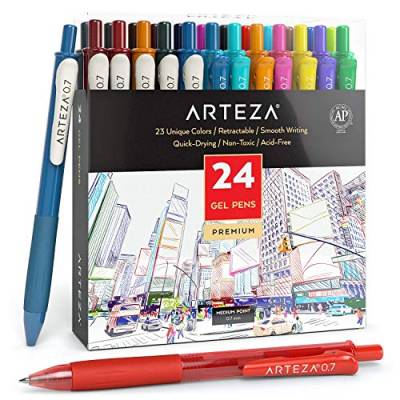 ARTEZA bunte Gelschreiber, 24er-Pack farbsortierter Gelstifte, 10 vintage & 14 lebhafte Farben, Gelkugelschreiber mit einziehbarer 0.7 mm Spitze, für Journaling, Doodling, Zeichnungen, Notizen von ARTEZA