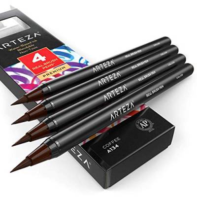 ARTEZA echte Pinselstifte, A134 Kaffee 4er-Pack, Fasermaler mit flexiblen Nylon-Pinselspitzen, hochwertige Malstifte für Aquarellmalerei zum Ausmalen, Kalligraphie und Zeichnen von ARTEZA