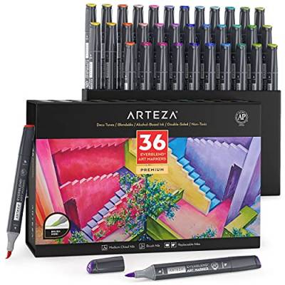 Arteza Everblend Ultra Graffiti Stifte, 36er Set Art Marker in Deko-Farbtönen, Alkohol Marker mit Medium Keilspitze und Pinselspitze, Twinmarker zum Färben, Skizzieren inkl. Organizer Box von ARTEZA