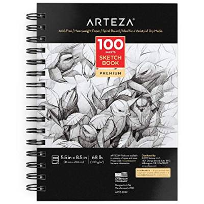 Arteza Skizzenblock 5.5"x 8.5" (14 x 21.6 cm), spiralgebundenes Skizzenbuch mit 100 Blatt, robustes säurefreies Zeichenpapier (68 lb/ 100gsm), Künstler Zeichenblock für Kinder & Erwachsene von ARTEZA