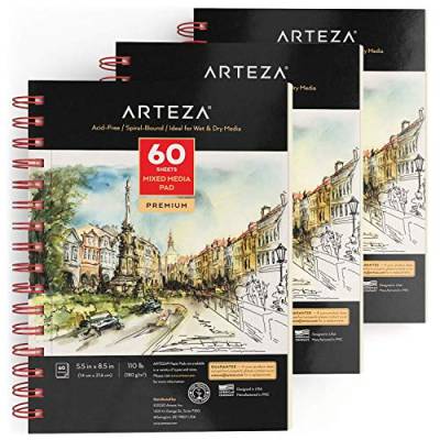 Arteza Zeichenblock 140 x 216mm, Mixed Media Sketchbook, spiralgebundener Skizzenblock mit 60 Blättern, 180 gms säurefreies Papier, 3 Stück von ARTEZA