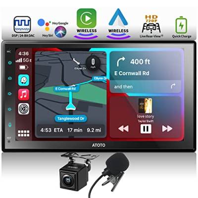 ATOTO 7-Zoll Autoradio mit Bildschirm, Doppel Din Radio mit Bluetooth, Wireless CarPlay & Android Auto, HD LRV mit Rückfahrkamera, Mikrofon, Sprachsteuerung, RDS/FM/AM/GPS Navi, F7G2B7WES01 von ATOTO