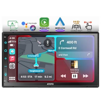 ATOTO F7WE Doppel-DIN Autoradio 7-Zoll Touchpanel, Digital Media Receiver mit Bluetooth, Wireless CarPlay & Android Auto, MirrorLink, FM/AM/RDS/GPS, HD Live Rückansicht, Sprachsteuerung, F7G2B7WE von ATOTO