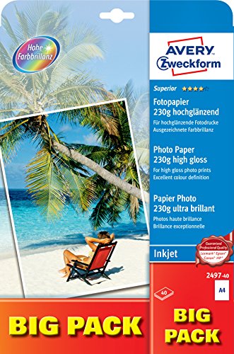 AVERY Zweckform 2497-40 Superior Inkjet Fotopapier (40 Blatt, 230 g/m², DIN A4 Papier, einseitig beschichtet, hochglänzend, ausgezeichnete Farbbrillanz, Tintenstrahldrucker, sofort trocken) von AVERY Zweckform