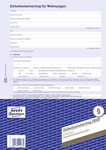 AVERY Zweckform 2849-5 Mietvertrag für Wohnungen (Einheitsmietvertrag, 4-seitiges Formular im A4 Bogenformat) 5 Stück, blau von AVERY Zweckform