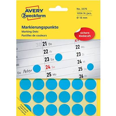 AVERY Zweckform 3375 selbstklebende Markierungspunkte (Ø 18 mm, 1.056 Klebepunkte auf 22 Bogen, runde Aufkleber für Kalender, Planer und zum Basteln, Papier, matt) blau von AVERY Zweckform