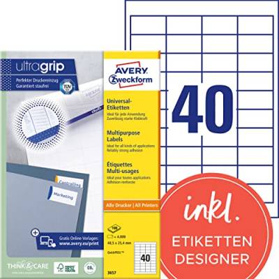 AVERY Zweckform 3657 Universal Etiketten (4.000 Klebeetiketten, 48,5x25,4mm auf A4, Papier matt, individuell bedruckbar, selbstklebende Aufkleber mit ultragrip) 100 Blatt, weiß von AVERY Zweckform