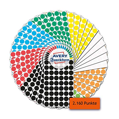AVERY Zweckform 59999 selbstklebende Markierungspunkte 2.160 Stück (Ø12mm, 8 Farben mit je 270 Klebepunkte auf 5 Bogen, Farbcodierung, runde Aufkleber für Kalender, Planer und zum Basteln, Papier) von AVERY Zweckform