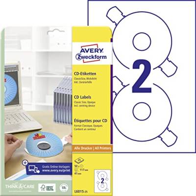 AVERY Zweckform L6015-25 selbstklebende CD-Etiketten inkl. Zentrierhilfe (50 blickdichte CD-Aufkleber, Ø 117mm auf A4, ClassicSize, bedruckbare Klebeetiketten für alle A4-Drucker) 25 Blatt, weiß von AVERY Zweckform