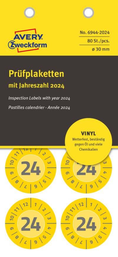 AVERY Zweckform Prüfplaketten, 2024, Vinyl, gelb, 30 mm von AVERY Zweckform