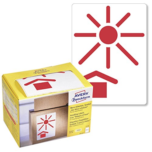 AVERY Zweckform Warnetiketten 7253 Symbol: Vor Hitze schützen, in leuchtrot (78 x 100 mm, 200 Etiketten auf Rolle) im Kartonspender von AVERY Zweckform
