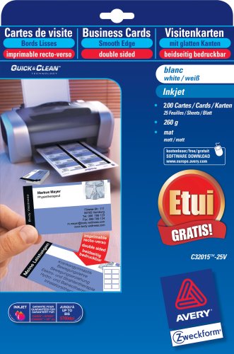 Avery Zweckform Inkjet Visitenkarten inkl Etui matt weiß 85x54mm 25 Blatt 260g von AVERY Zweckform