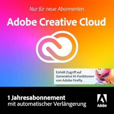 Adobe Creative Cloud Apps | Grafik Design Software |Generative KI Features|Vektor-Illustration,Layout und Bildbearbeitung |1 Jahresabonnement mit automatischer Verlängerung|PC/Mac|OnlineCode&Download von Adobe