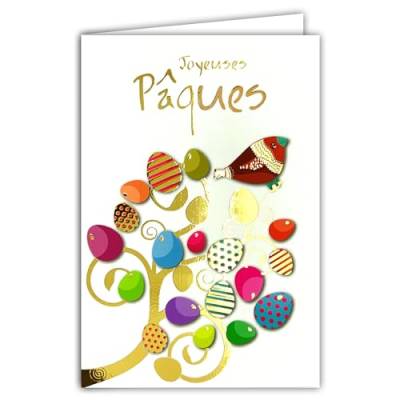 AFIE 62-1024 Karte Frohe Ostern, goldfarben, glänzend, mit Umschlag, 12 x 17,5 cm, Motiv: bunte Vogeleier, Baum des Lebens, Frühlingsfest von Afie