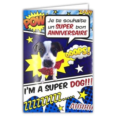 AFIE Blaue Karte zum Geburtstag Super Helden Hund Welpen Fliege Onomatopy Blase Comic Comic mit weißem Umschlag 12 x 17,5 cm 67-1031-1 von Afie