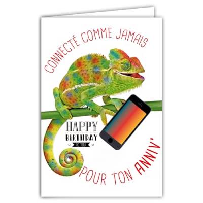 AFIE Humorvolle Happy Birthday Karte mit illustriertem Umschlag, 17,5 x 12 cm, Chamäleon, lustig, lächelnd, mit verbundenem Smartphone, hergestellt in Frankreich 69-6213 von Afie