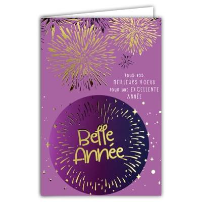 AFIE Karte Belle Excellent New Year, beste Wünsche, goldfarben, glänzend, mit weißem Umschlag, Format 12 x 17,5 cm, Feuerwerk, 12 Schüsse von Mitternacht, Party, Neujahr, hergestellt in Frankreich von Afie
