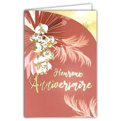 Afie 65-1306 Glückwunschkarte, Geburtstag, Gold glänzend, glänzend, für Damen, mit Umschlag, hergestellt in Frankreich, Blumenstrauß Orchideen, Rosa von Afie