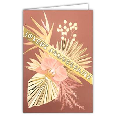 Afie 65-1307 Glückwunschkarte zum Geburtstag, Gold glänzend, glänzend, für eine Dame, mit Umschlag, hergestellt in Frankreich, Blumenstrauß Orchidee, Pampa, Rosa von Afie