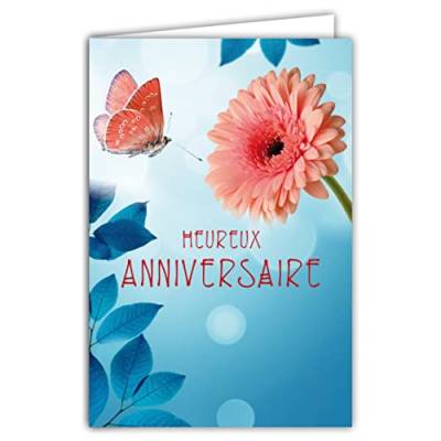 Afie 65-1318 Glückwunschkarte zum Geburtstag, für Frauen, mit Umschlägen, hergestellt in Frankreich, Blumen, Rosa / Gerbera, Schmetterlinge, Himmelblau von Afie