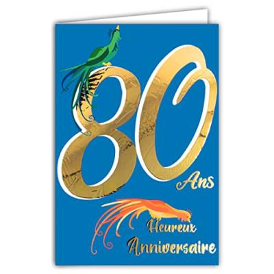 Afie 69-2480 Glückwunschkarte zum 80. Geburtstag aus Gold glänzend strukturiertem Relief für Herren, Farbtext für den Innenbereich, mit Umschlägen, hergestellt in Frankreich, ColorAges von Afie